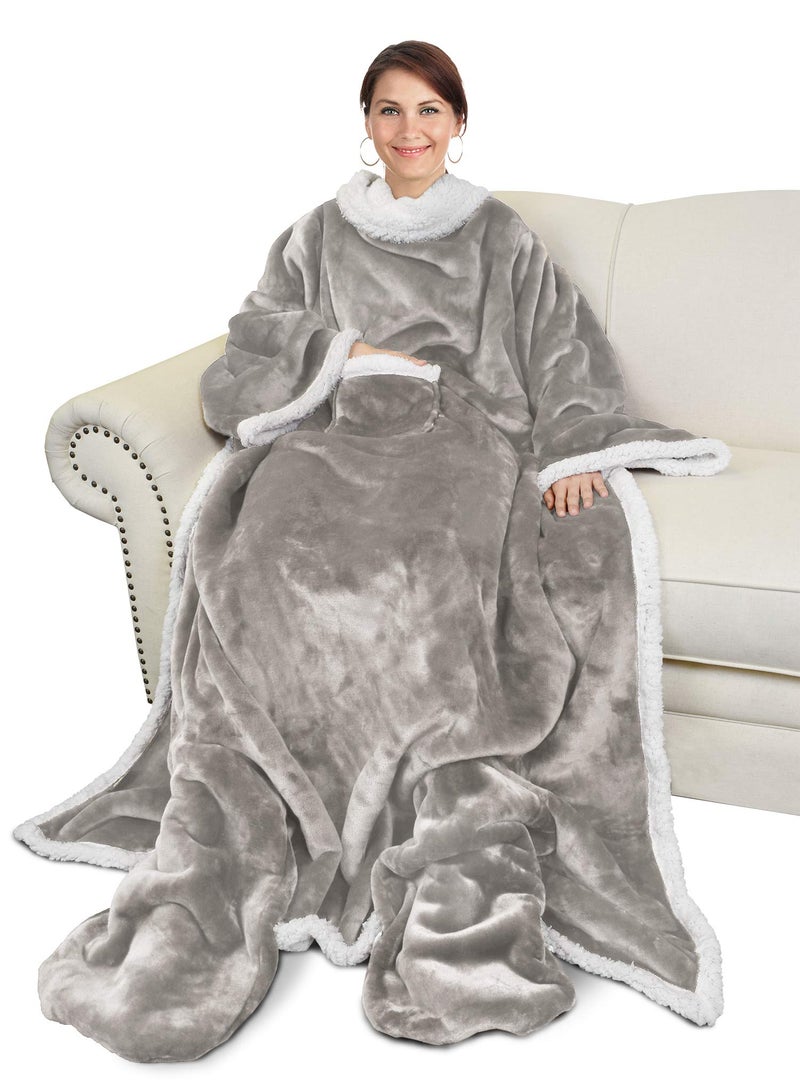 Catalonia Sherpa Wearable Blanket with Sleeves & Foot Pockets for Adult Women Men, Comfy Snuggle Wrap Sleeved Throw Blanket Robe, Gift Idea, Camel - Image 1